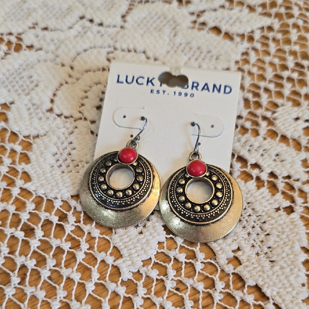 Lucky Brand Silver Circular Earrings, Double-sided red cabochon stone
